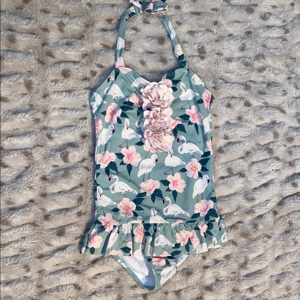 Janie and Jack Pink and Green One Piece Swimsuit with Floral Design